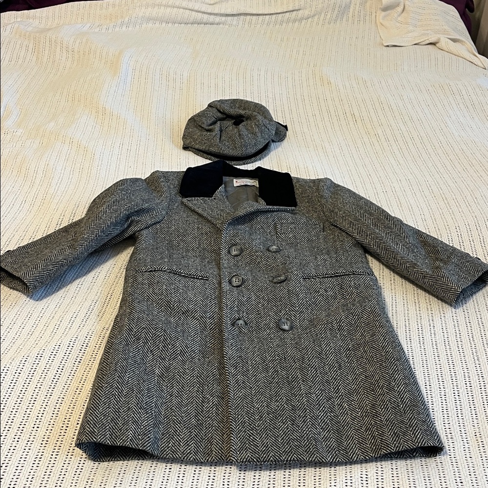 Gray Herringbone Coat with Matching Hat
